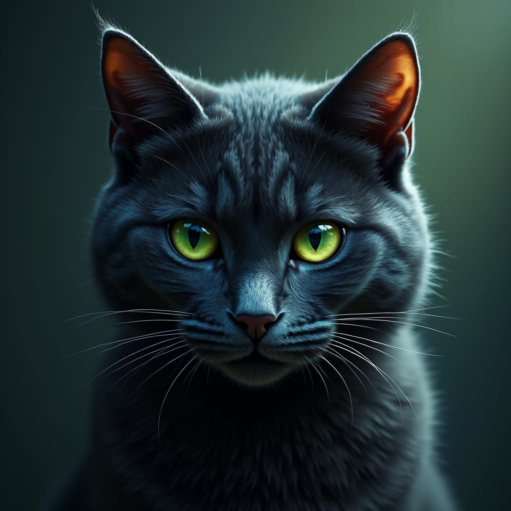 Emerald-Eyed Cat's Hungry Gaze: Hyperrealistic Digital Art