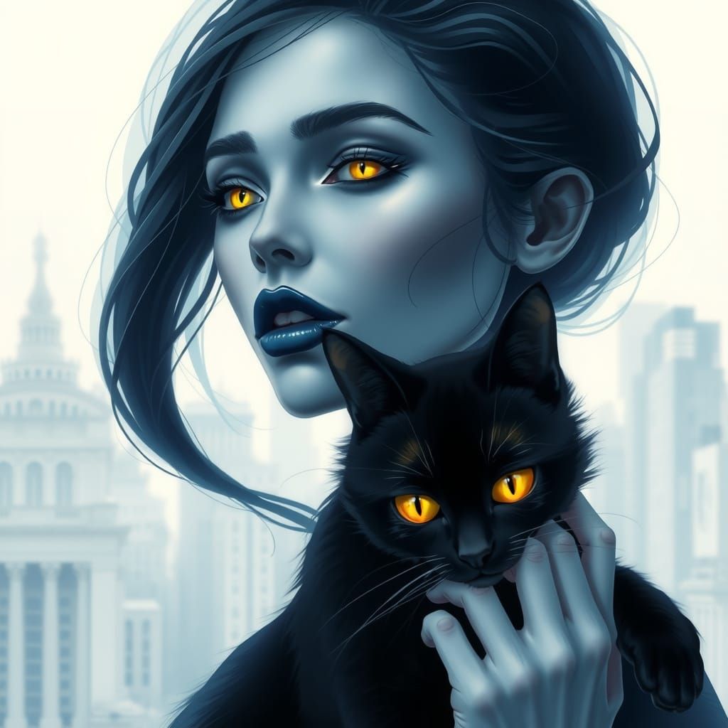 Abstract Woman with Cat in Digital Art Style