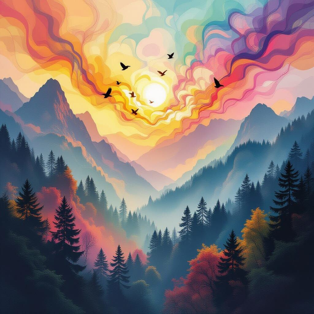 Rainbow Nature Landscape Double Exposure in Surreal Style