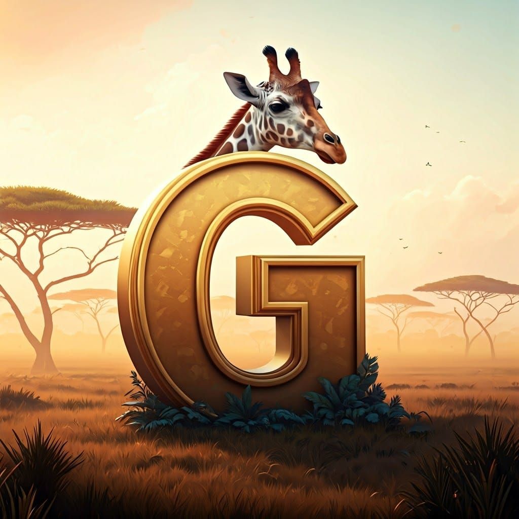 Giraffe Embracing Golden Letter G in Savannah Haze