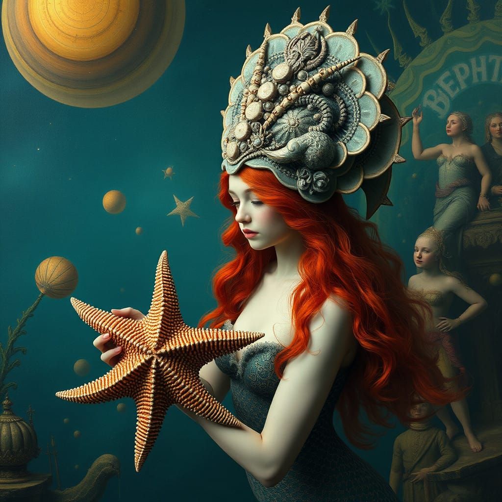 Gothic Mermaid in Hieronymus Bosch-Inspired Oceanic Scene