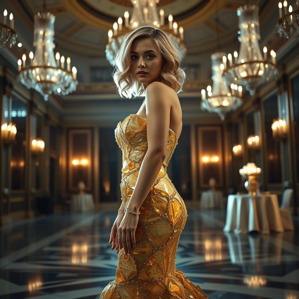 Woman in Crystal Gown Shines in Grand Ballroom