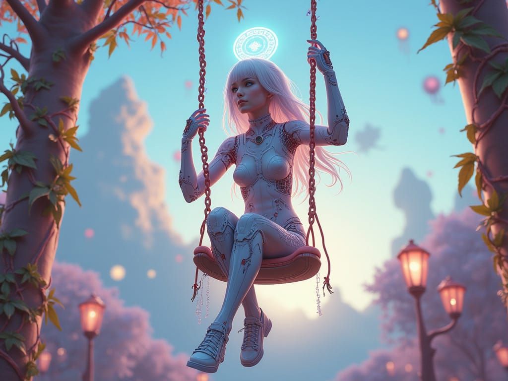 Cyberpunk Fantasy Goddess Sways Among Glowing Tendrils