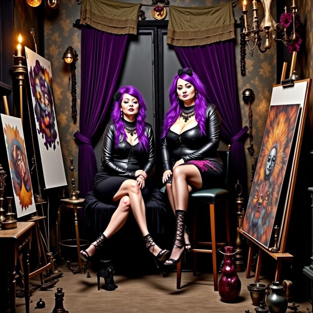 Goth Punk Sisters Creating Art in Dim Studio