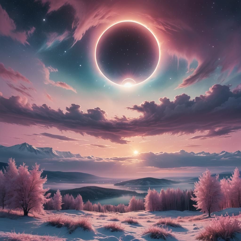 Solar Eclipse with Northern Lights in Pastel Colors