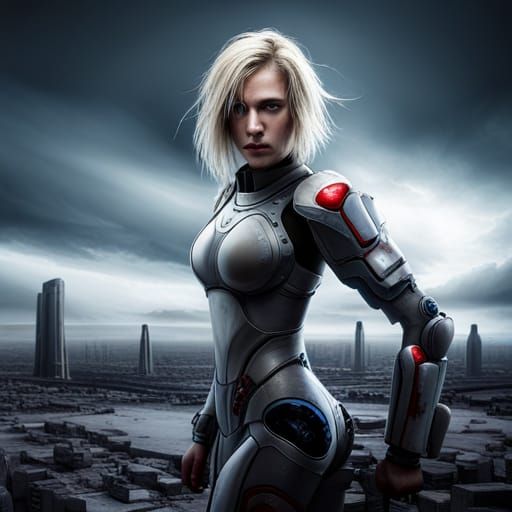 Cyborg Girl in Apocalyptic Wasteland: Hyperrealistic Image