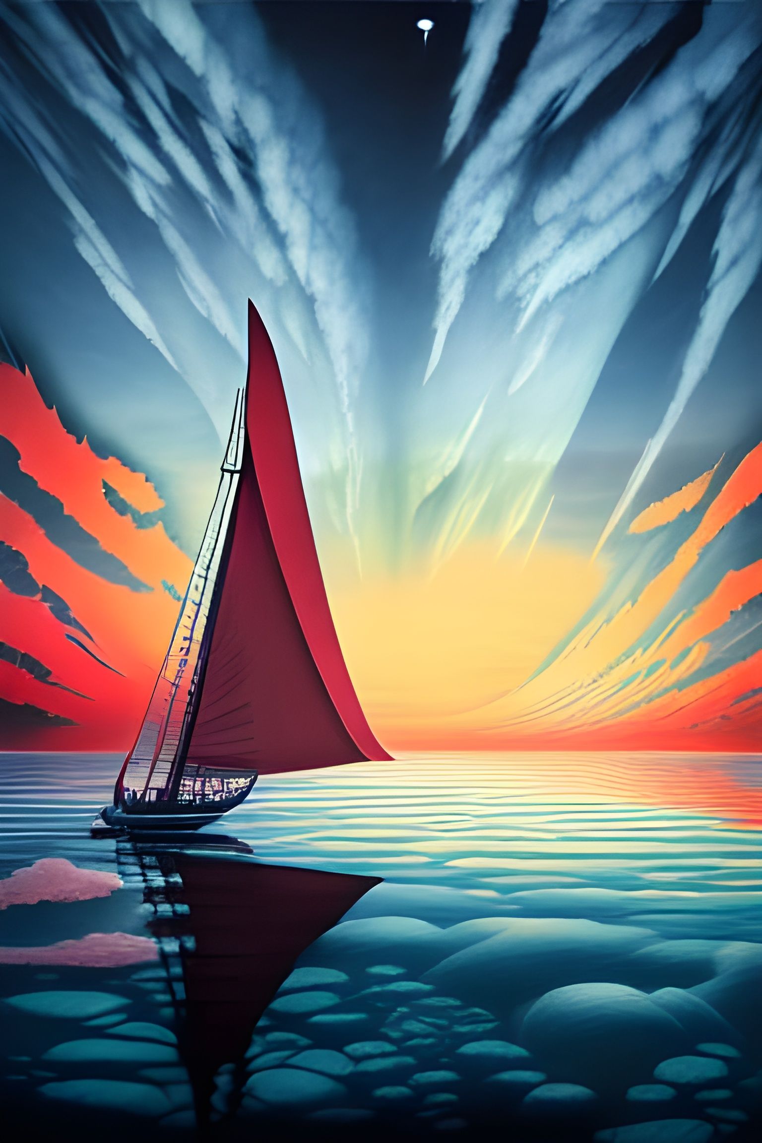 Vibrant Surreal Sailboat Scene in Detailed Digital Art