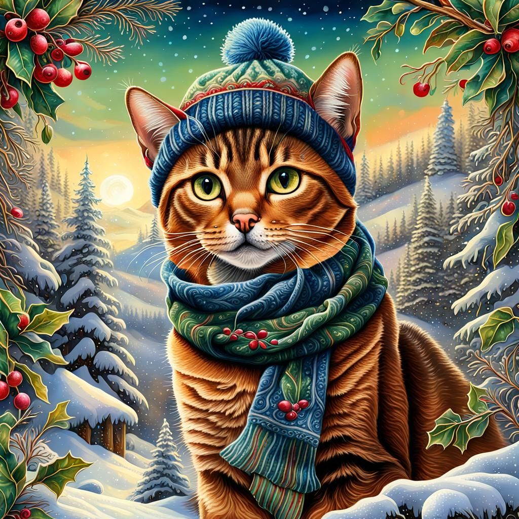 Winter Wonderland with Majestic Abyssinian Cat, in Vintage J...