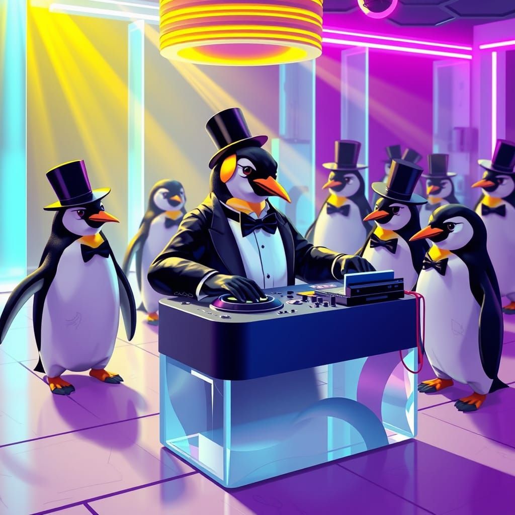 Penguin DJ Lights Up Futuristic Disco Party