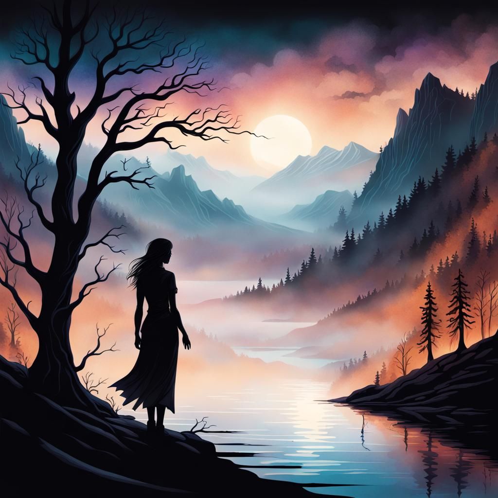 Pyrography Shadow Figure in Serene Landscape