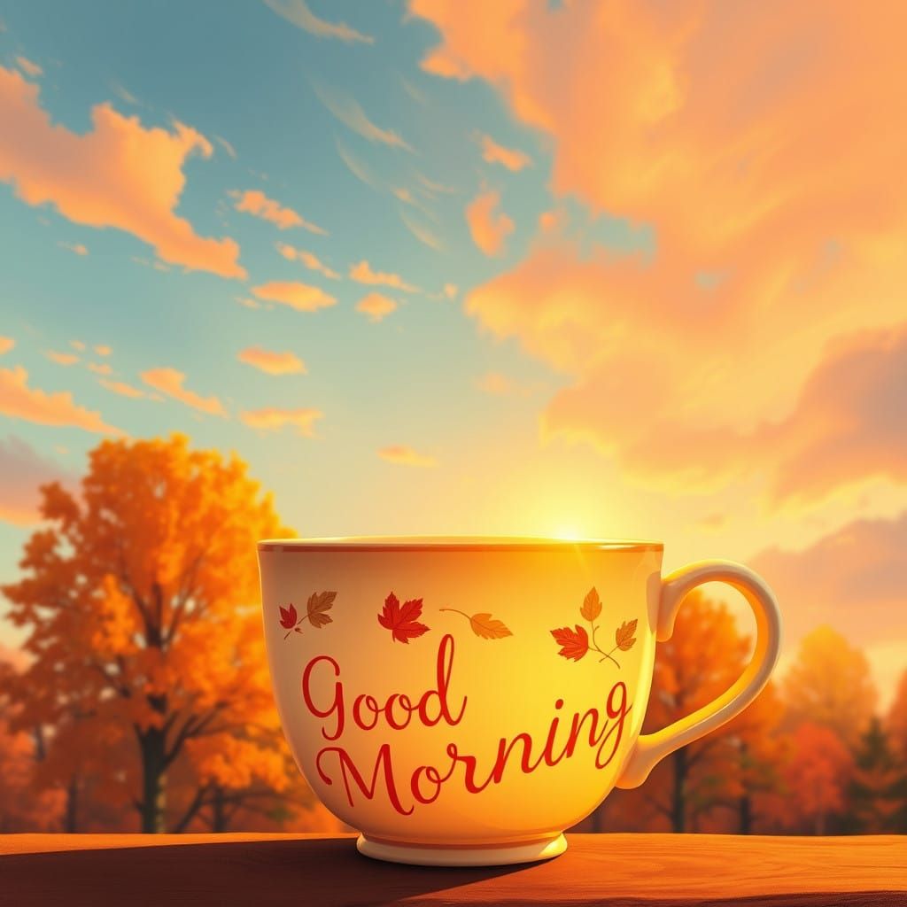 Whimsical Morning Coffee Scene in Autumnal Splendor