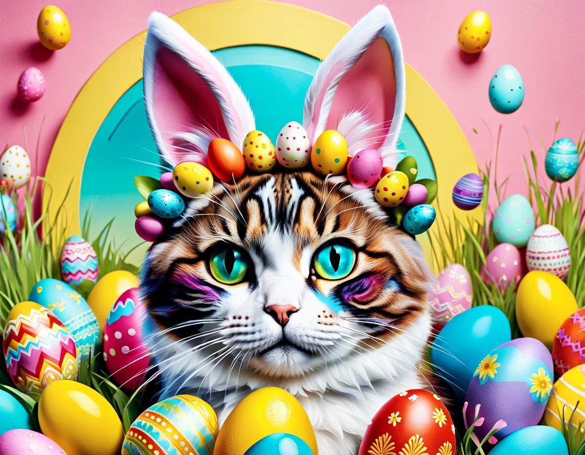 Multi-Colored Easter Cat with Bunny Ears