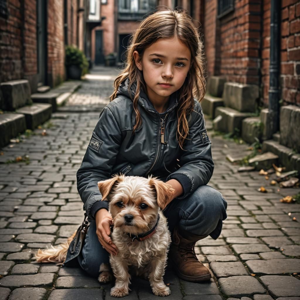 Beautiful Young Girl with Dog, Hyperrealistic Image