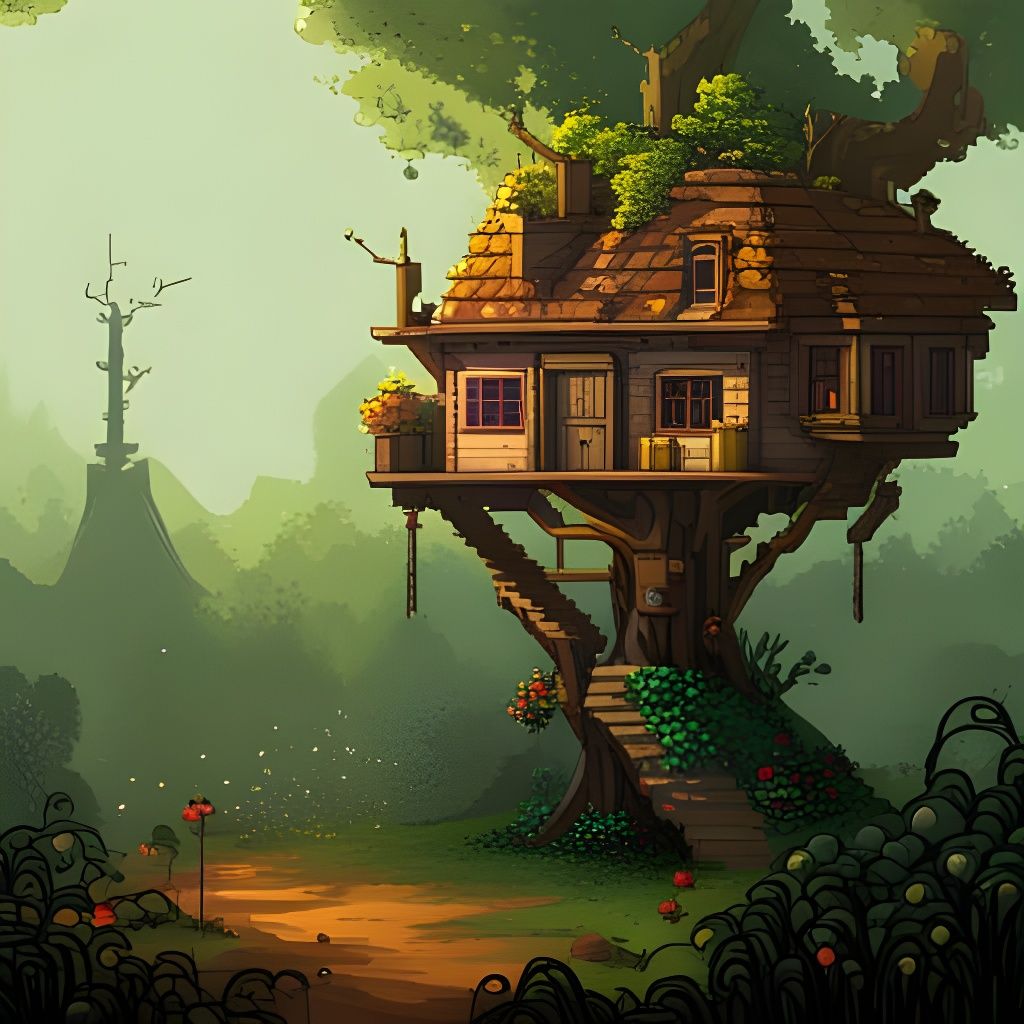 Fantasy Treehouse in Forest: 8-bit Pixel Art