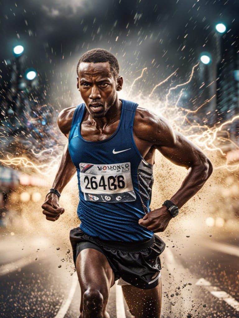 Hyperrealistic Marathon Runner Amidst Lightning Strikes