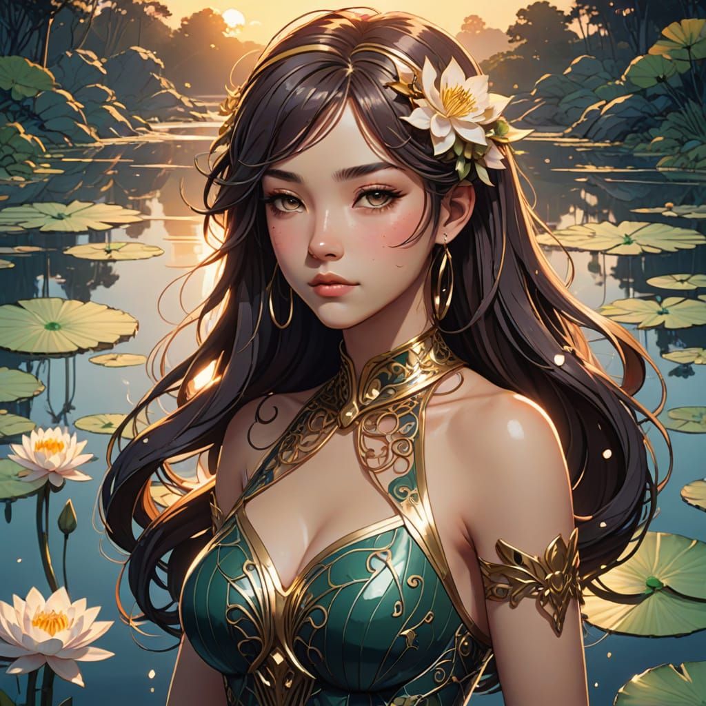 Ethereal Anime Girl Surrounded by Water Lilies in Art Nouvea...