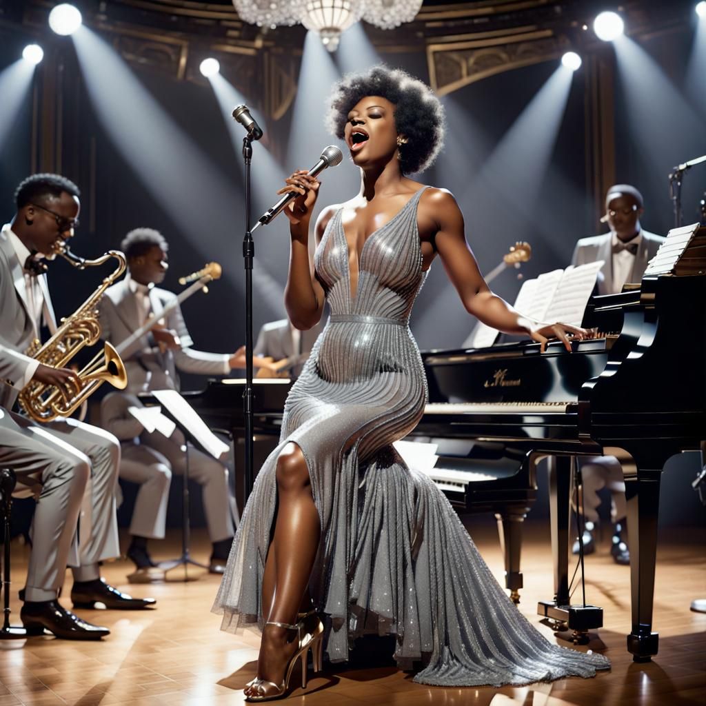 Black Woman Singing Jazz in Art Nouveau Style