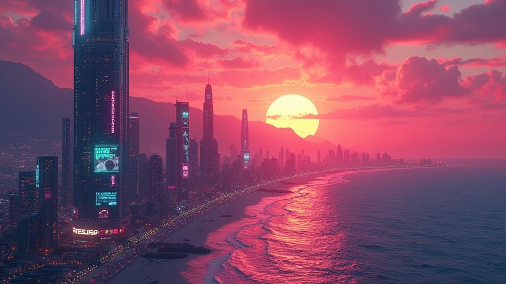 Neon Sunrise Metropolis Rises from the Ocean
