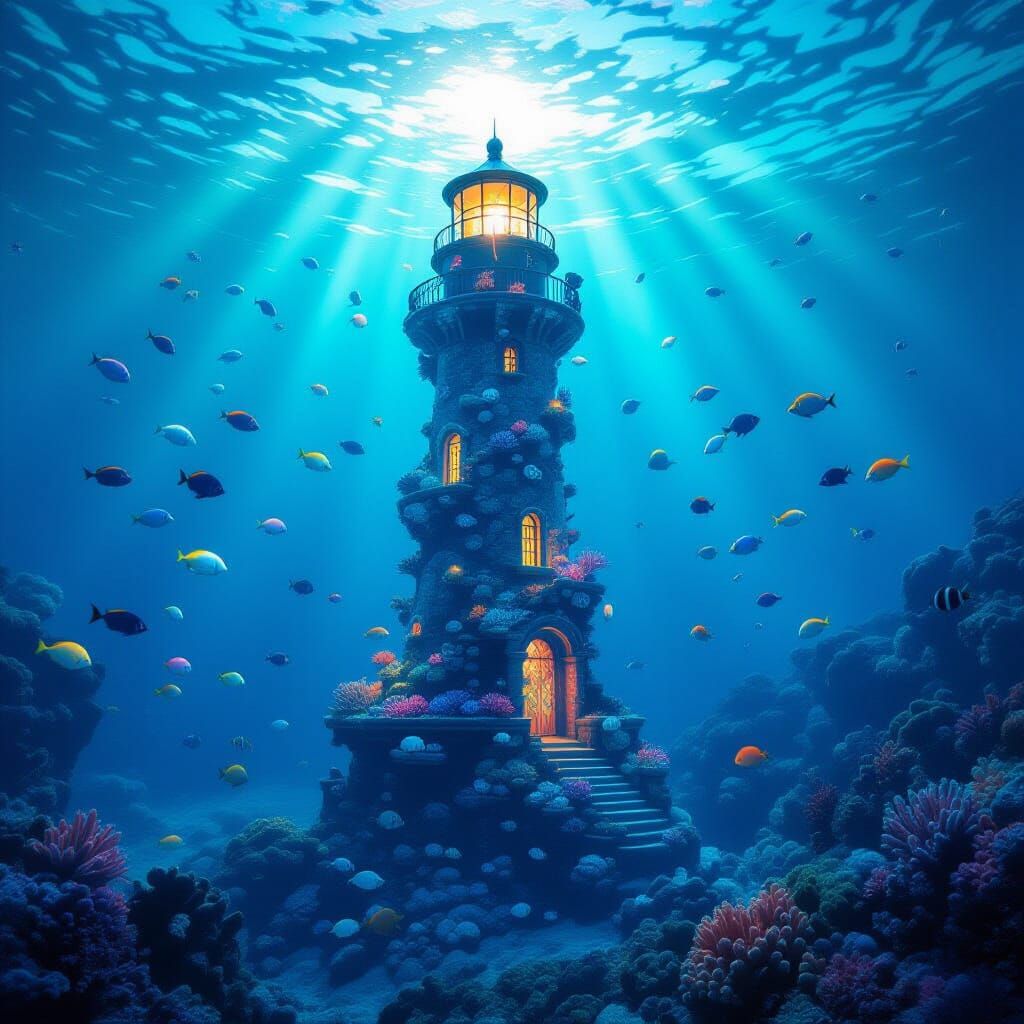Bioluminescent Coral Lighthouse Undersea Dreamscape