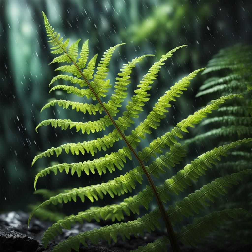 Hyperrealistic Fern Close-up in Rainforest