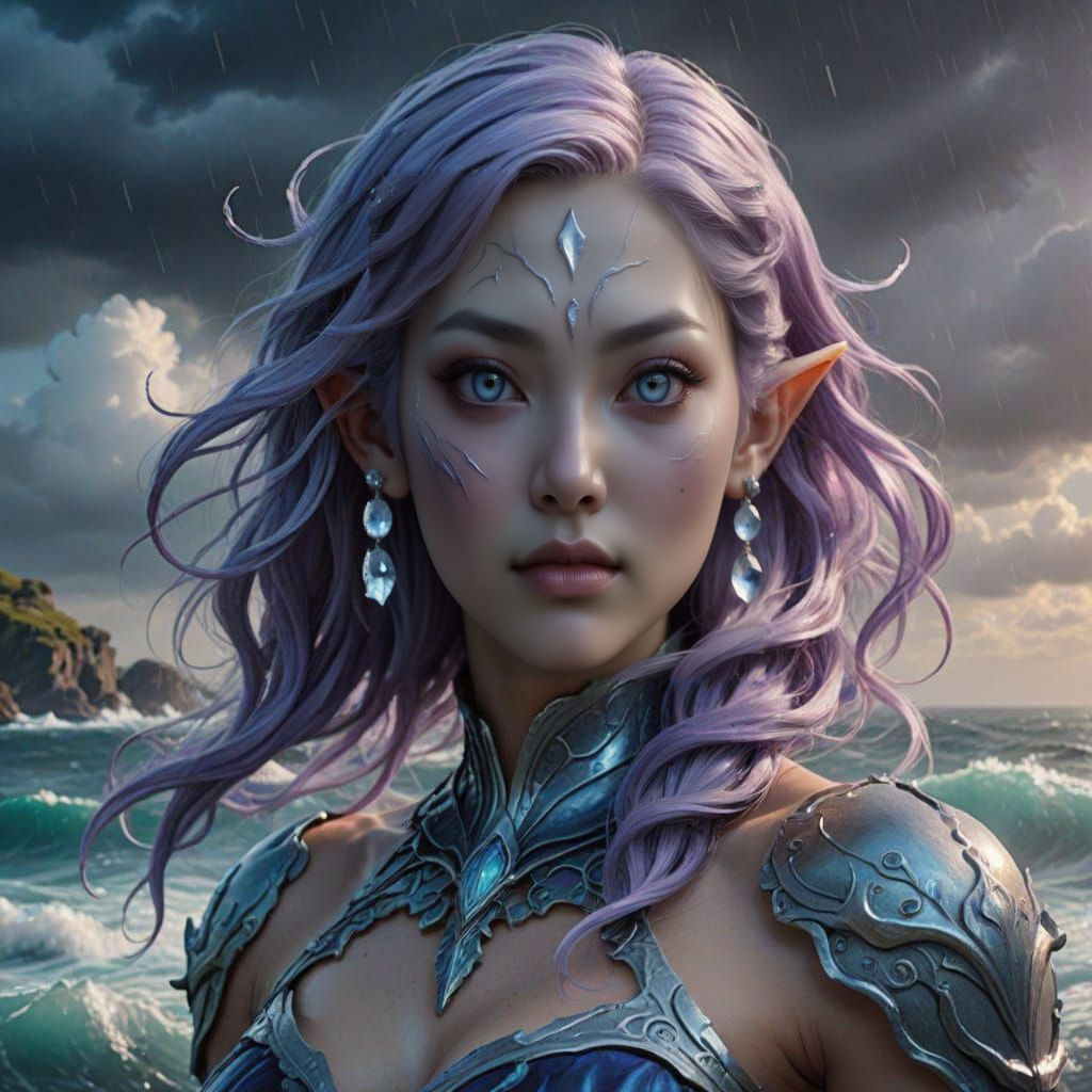Sea Elf Portrait with Flowing Lavender Hair