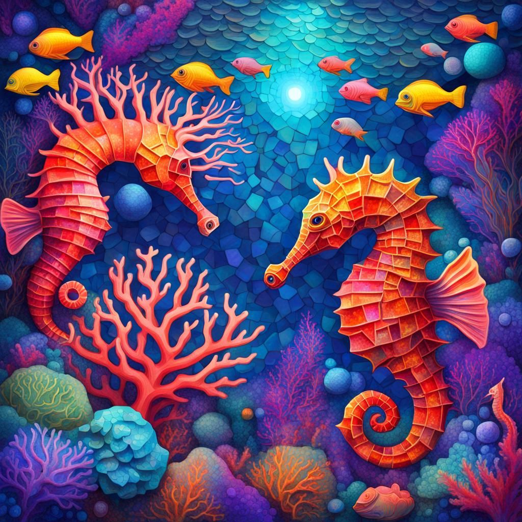Neon Coral Reef Treasure in Mosaic Style