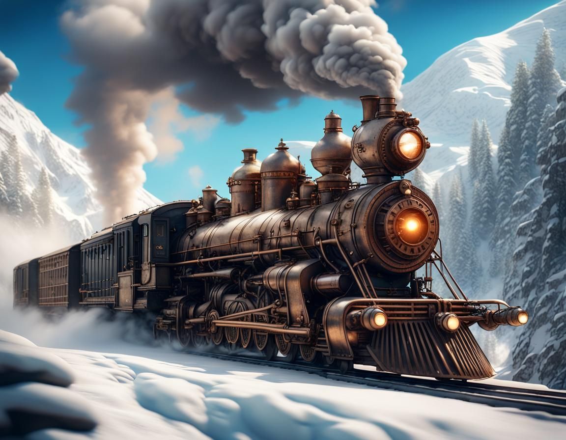 Steampunk Train Races Through Winter Landscape