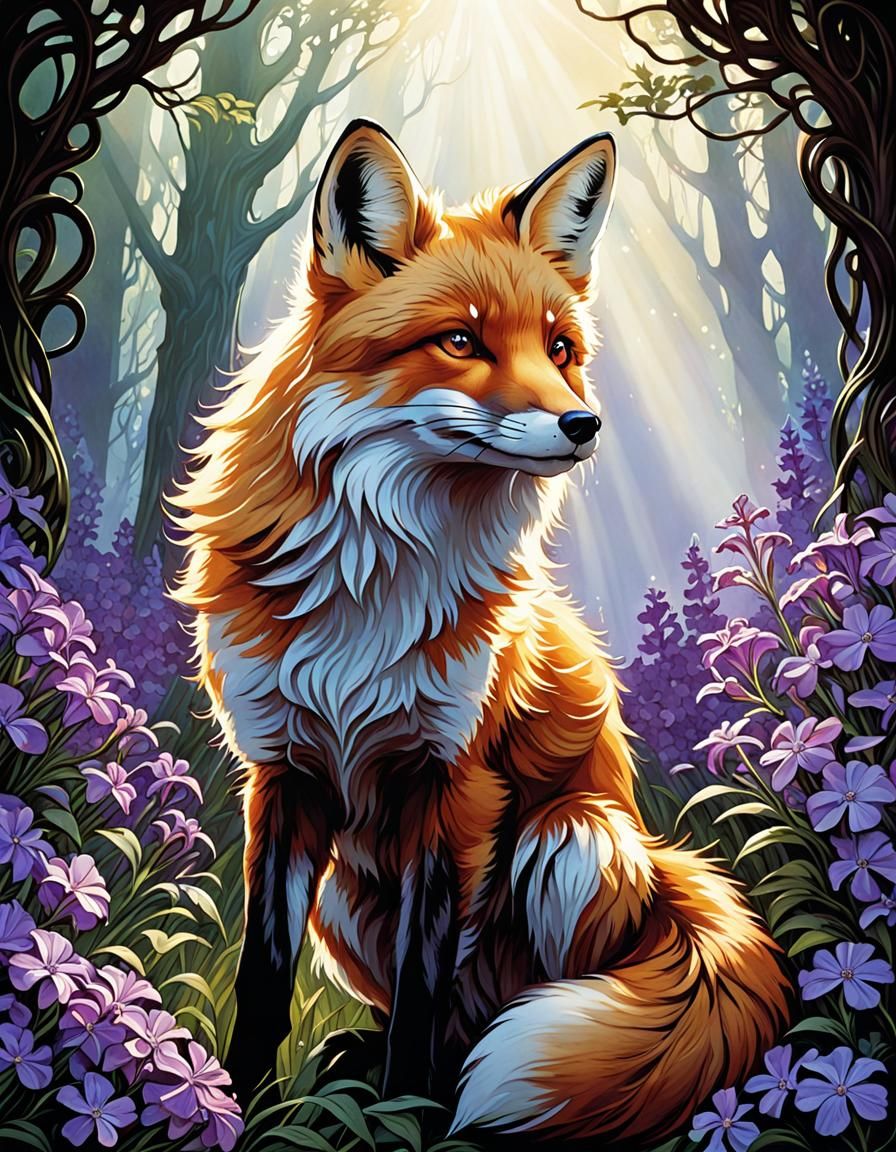 Luminous Backlighting :: ornate :: red fox with purple phlox...