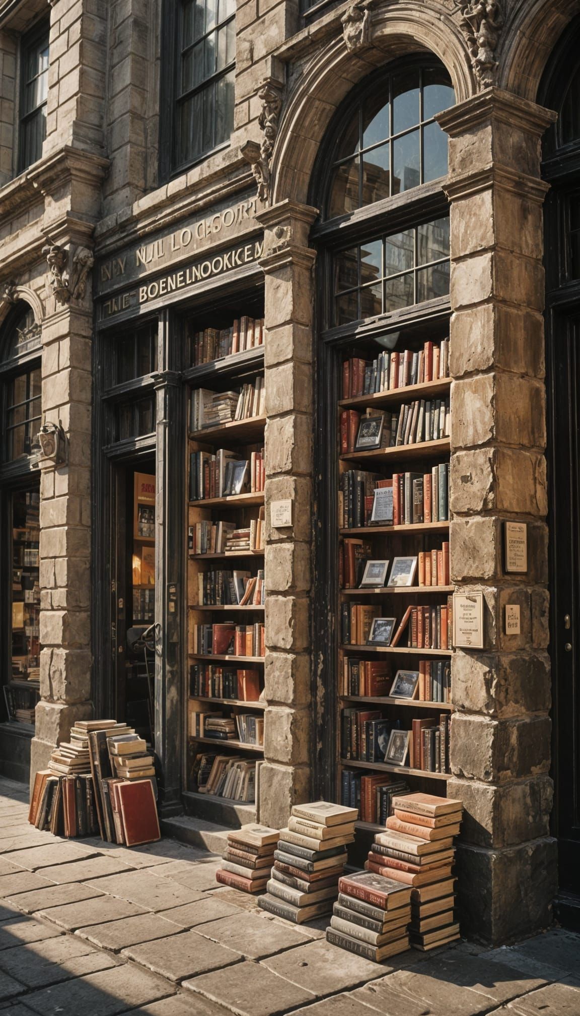 Vintage Bookstore Facade in a Bustling Cityscape