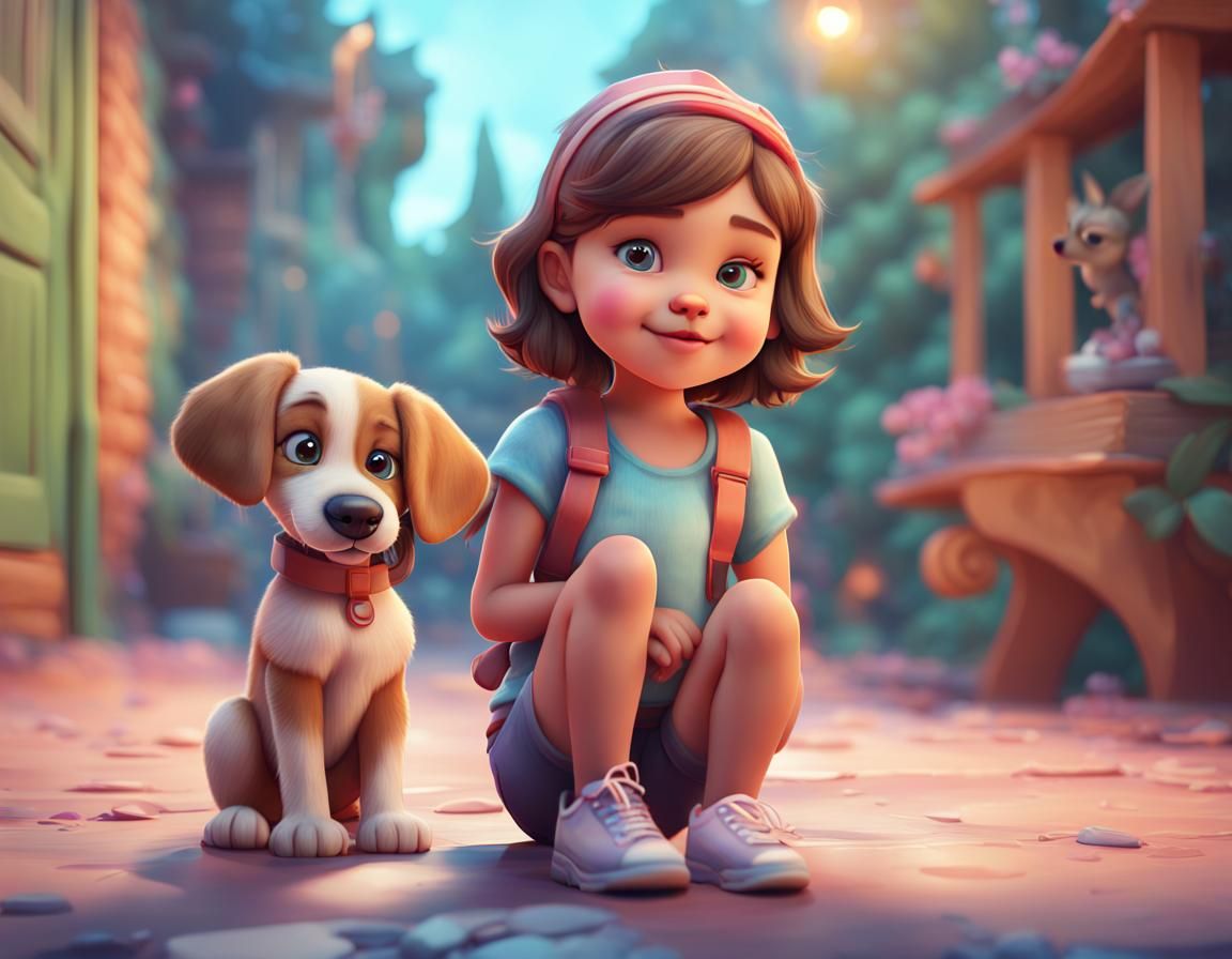 Cute Girl with Puppy in Disney Cartoon Style