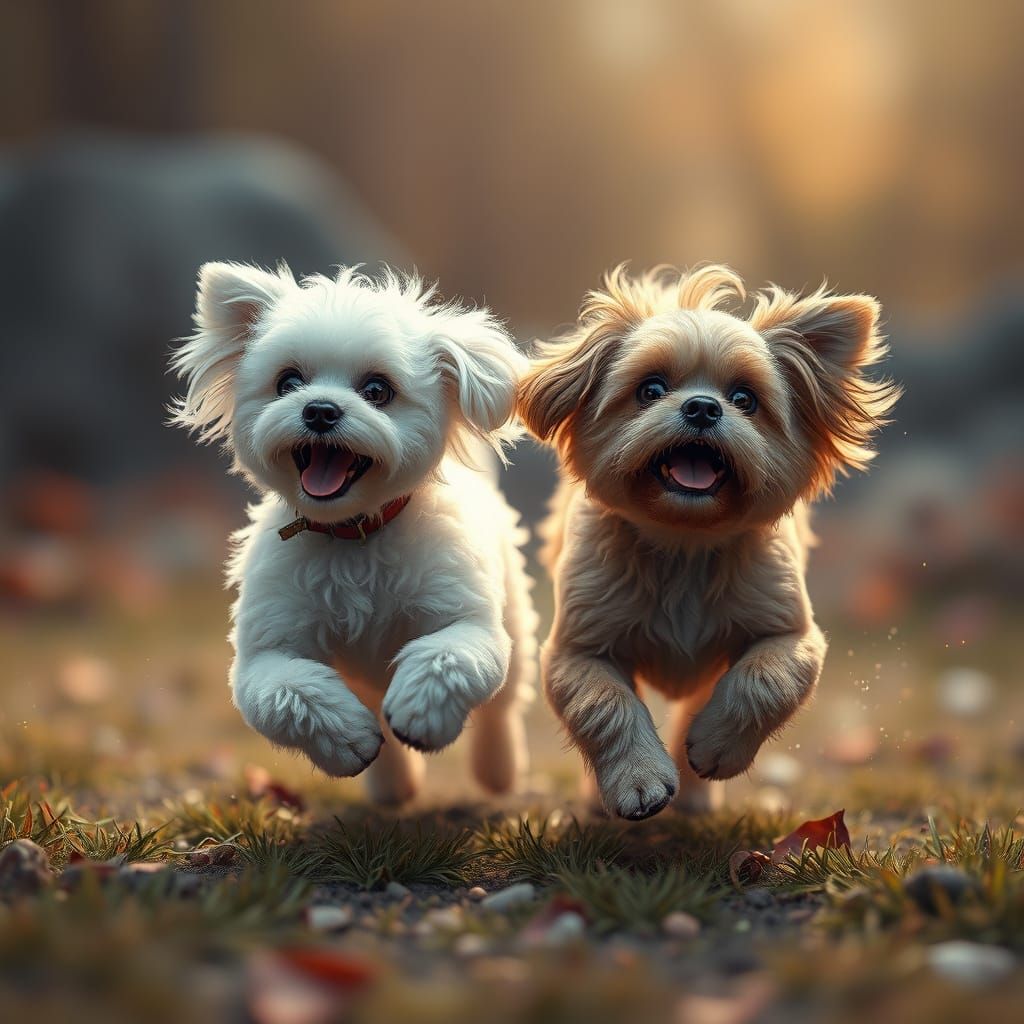a surreal 8k illustration of a surreal tiny white poodle and a brown shitzu. the dogs are running and playing together d...