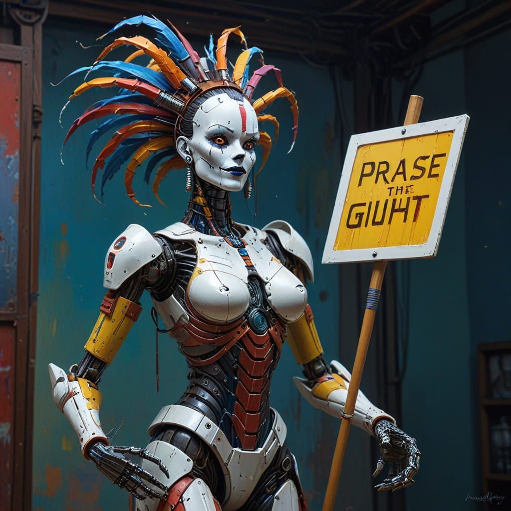 Robot Prophetess and Clown in Oil Painting Style