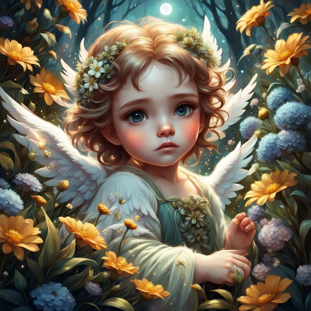 Baby Angel in Floral Sea: Digital Art