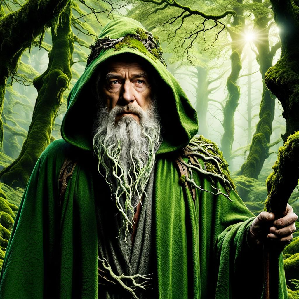 The forest green man wizard knight standing majestically in swamp bog