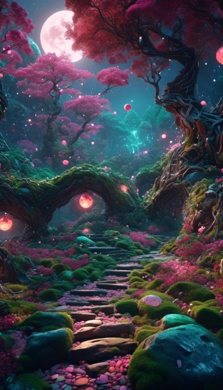 Enchanted Forest Path Under Moonlit Sky