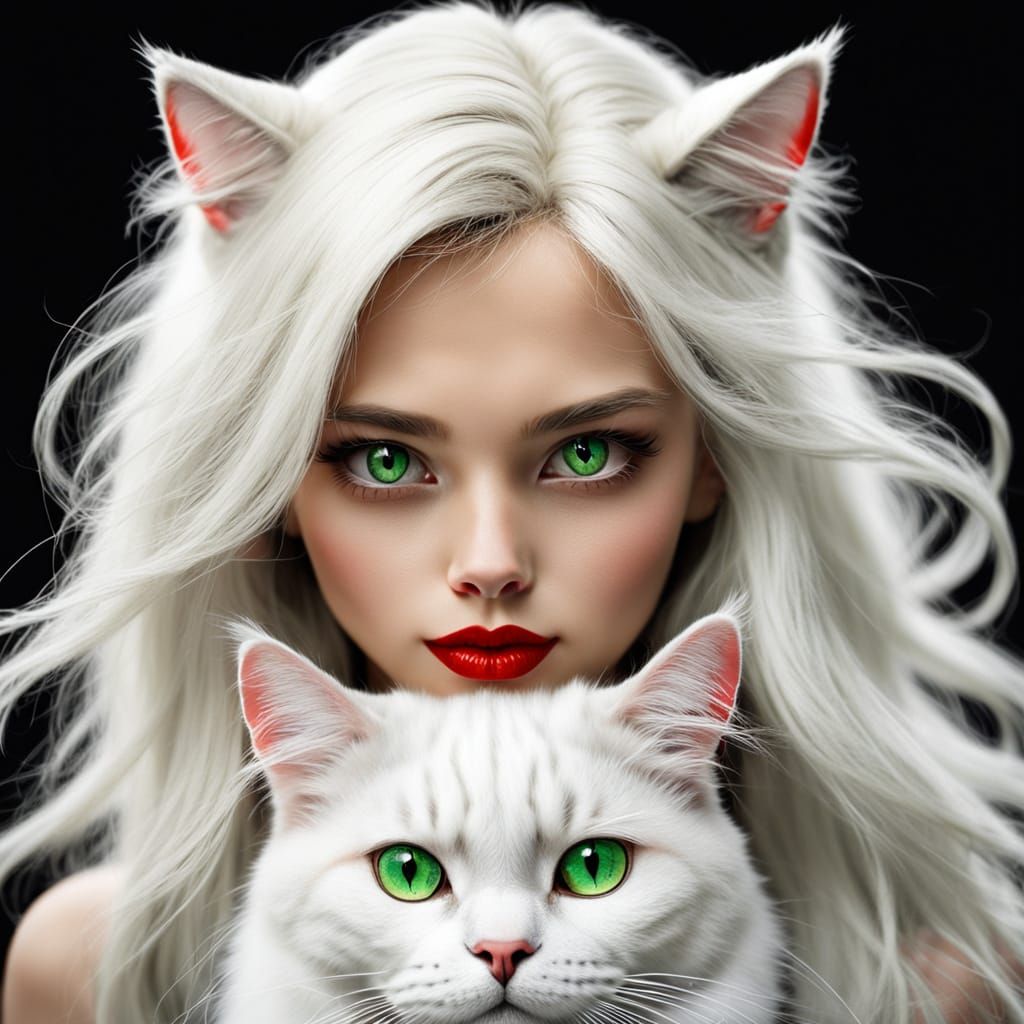 Mysterious Woman with Green Eyes and Fluffy Cat