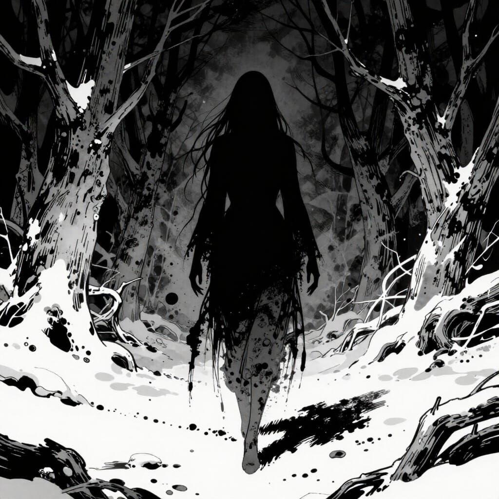 Shadowy Inkblot Figure in Haunted Forest