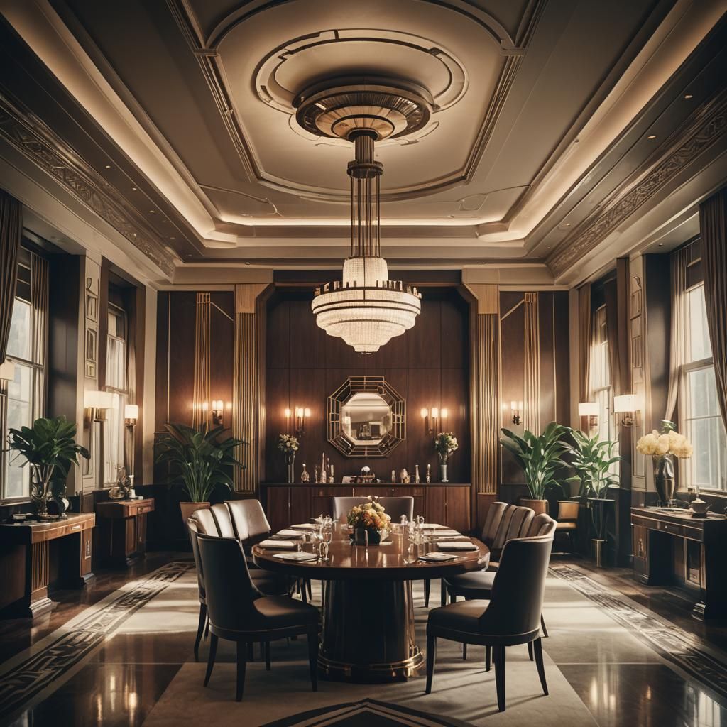 Art Deco Dining Room with Cinematic Lighting