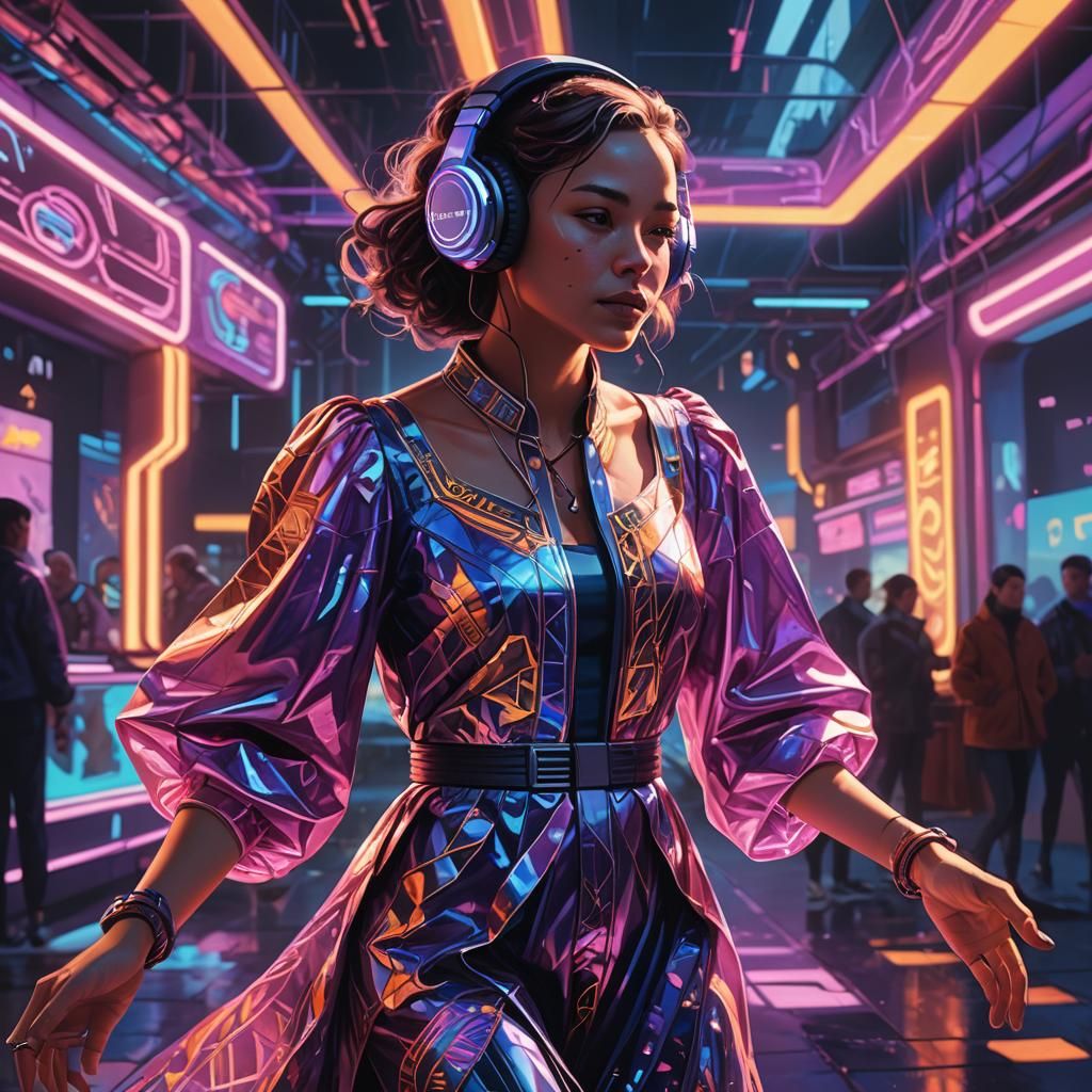 Woman Dancing with Neon Headphones in Cyberpunk Style