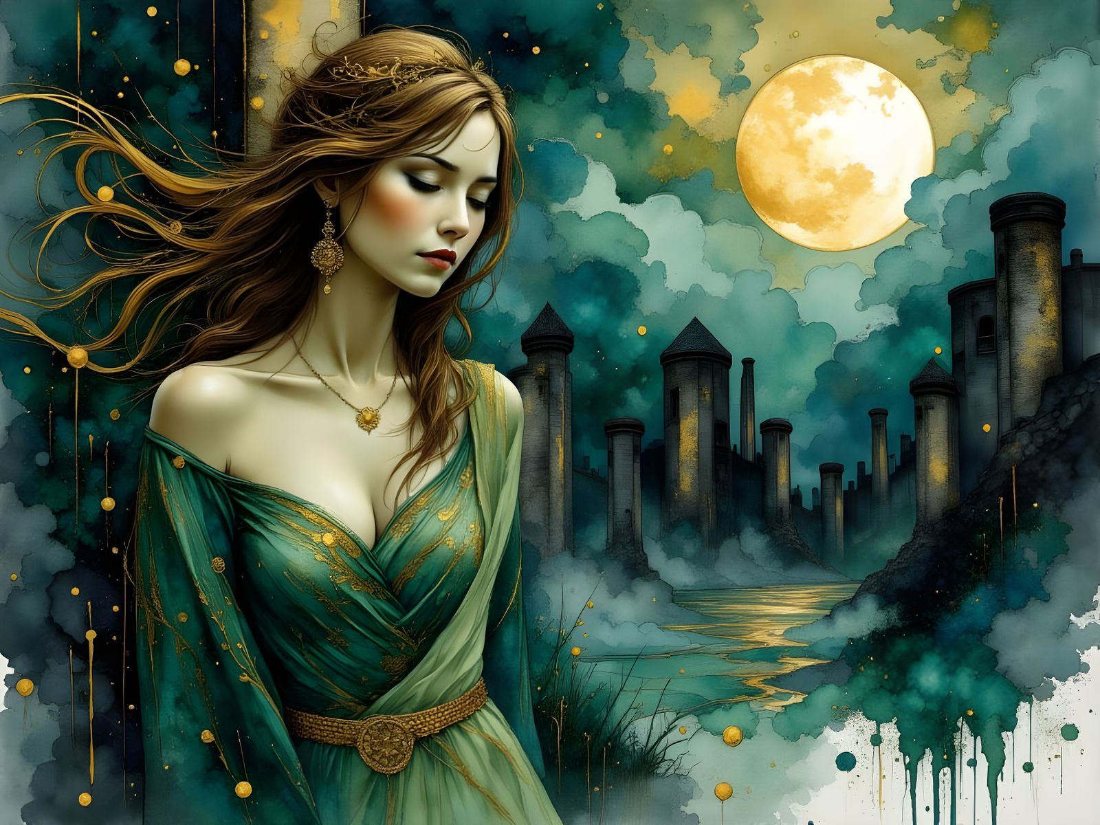 Norse Goddess in Ruined Castle Courtyard Under Moonlight