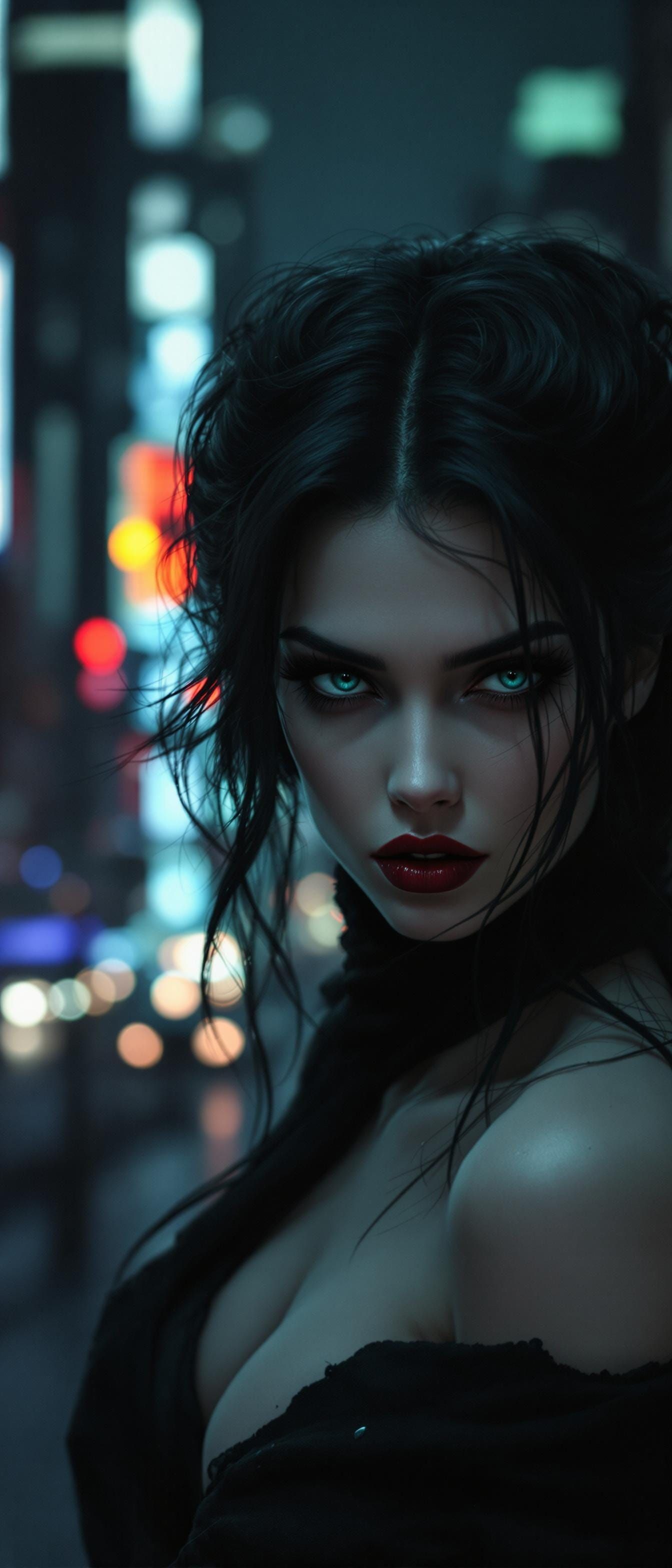 Mysterious Vampire Woman in Modern Cityscape