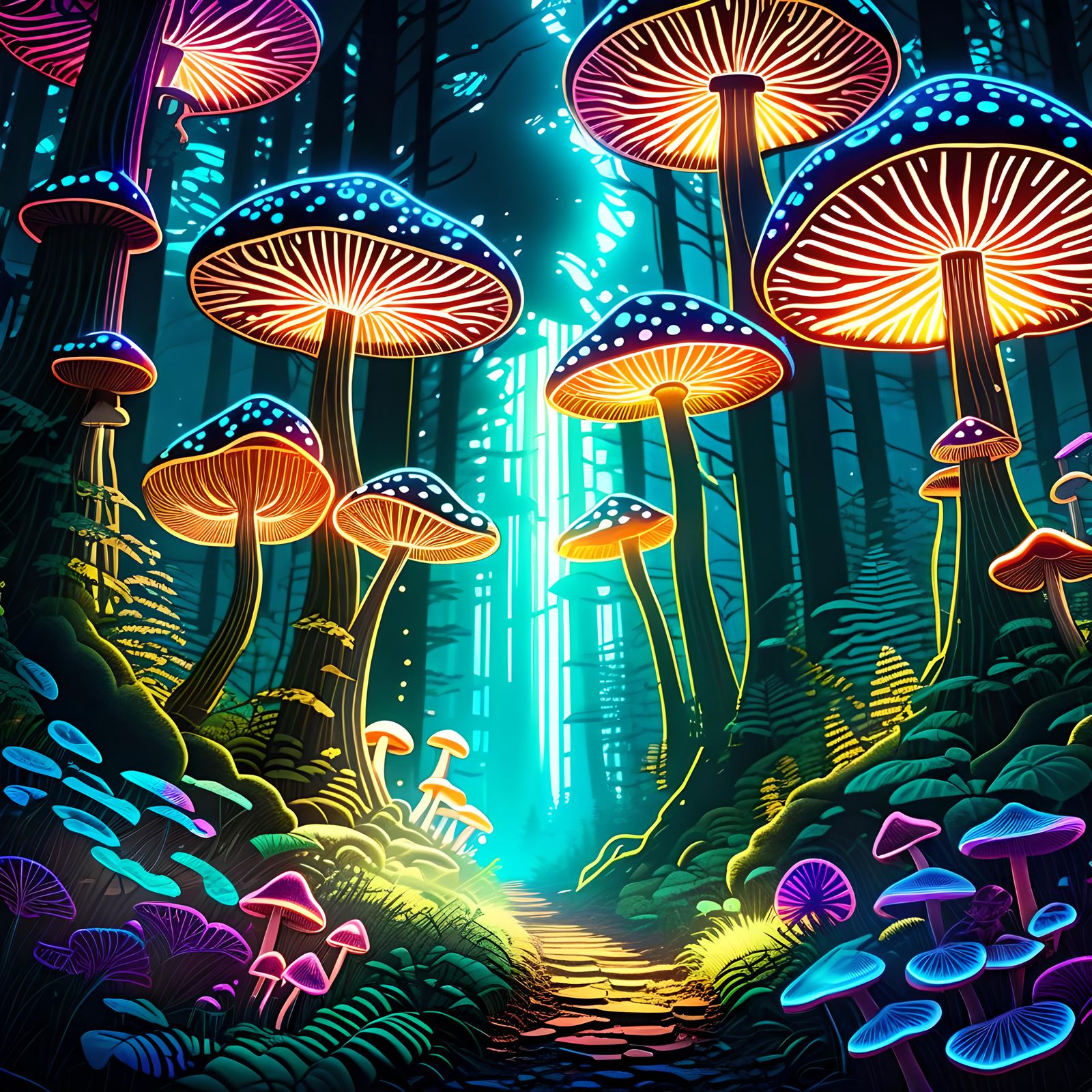 Neon mushroom forest glowing sun rays coming through the for...