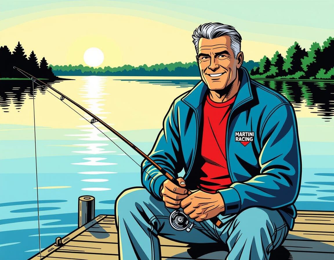 Comic Art of Man Fishing on Dock at Sunrise