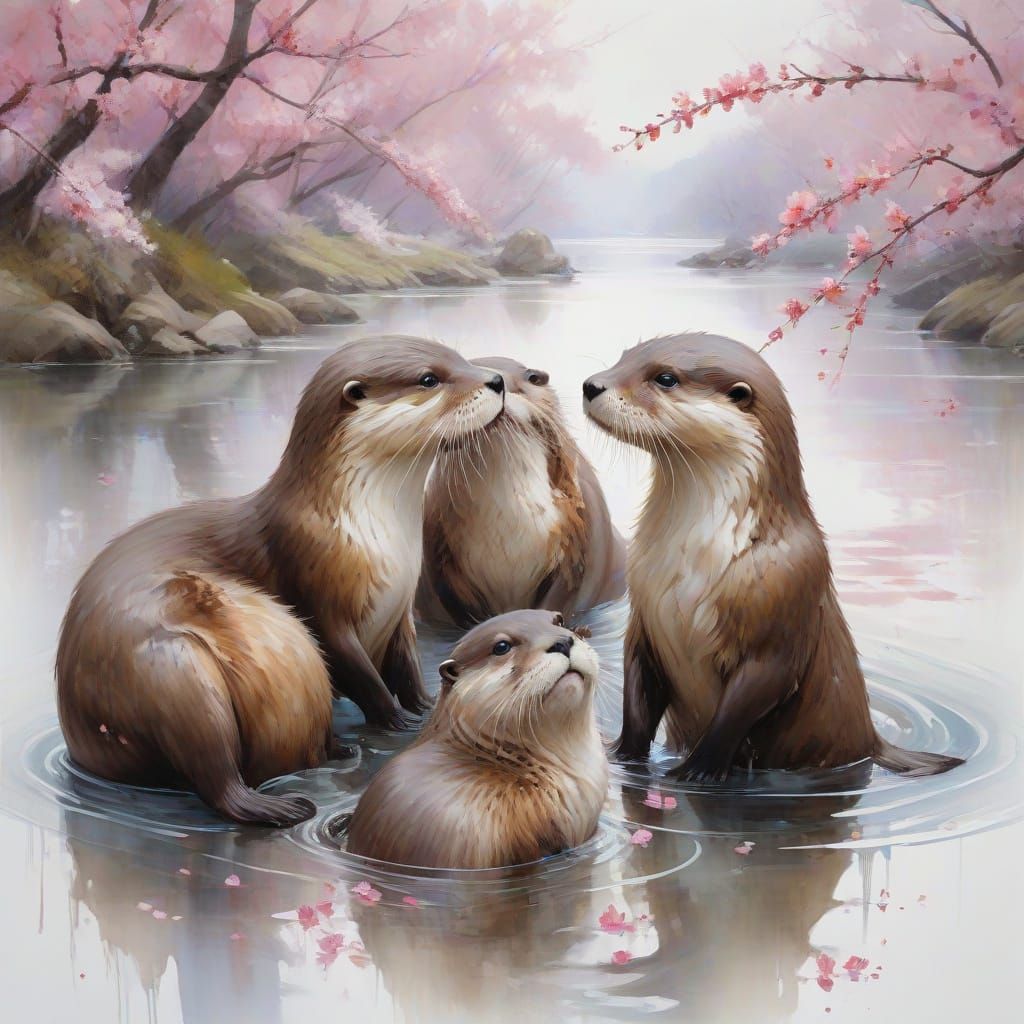 Whimsical Otter Wonderland in Cherry Blossom Fantasy