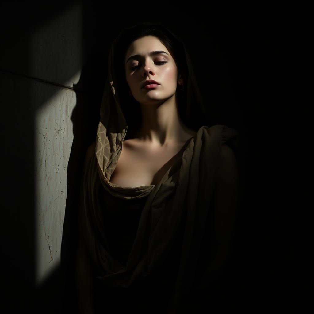 Sorrowful Woman in Shadows: A Renaissance-Inspired Portrait