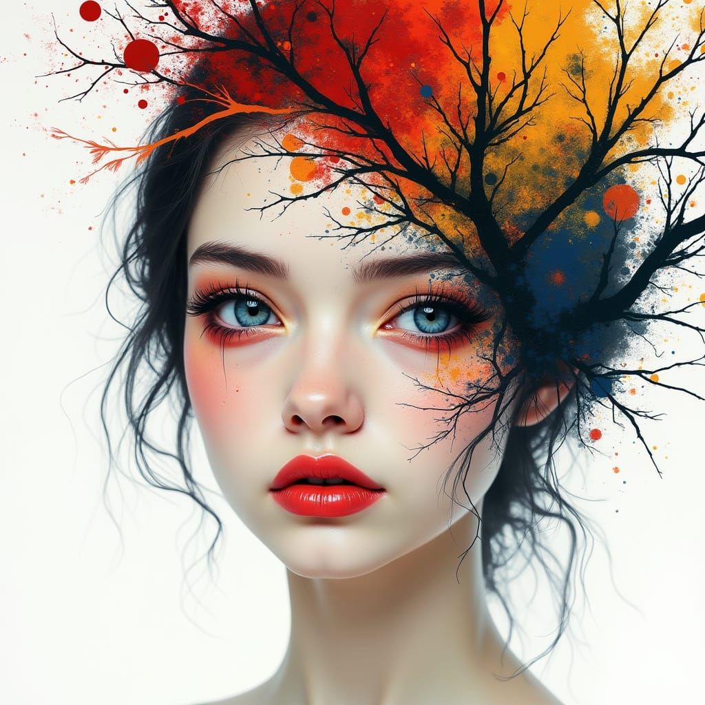 Abstract Portrait with Red Splatters in Mixed Media Style