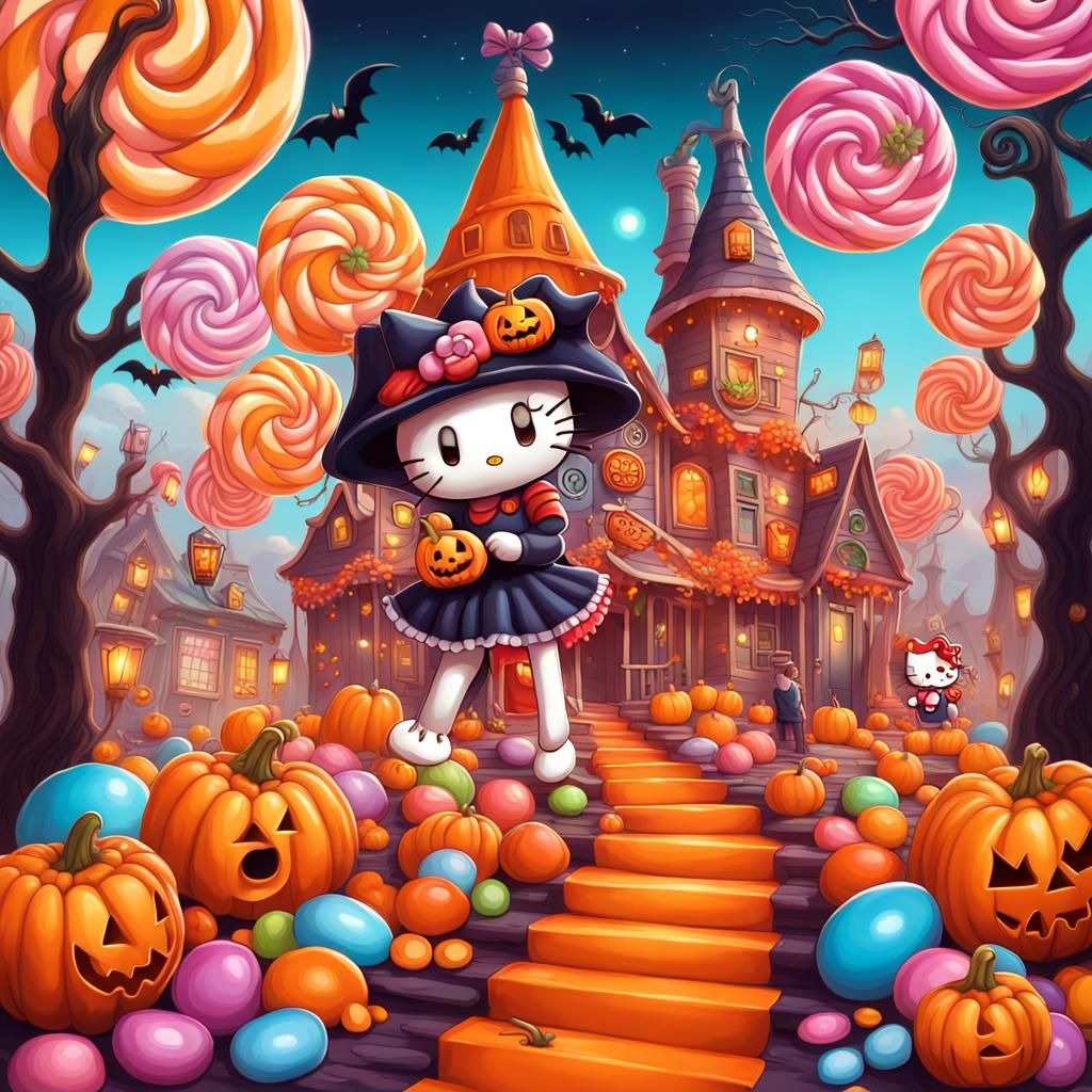 Halloween Trick Or Treat , Extreme Epic Exquisite Hello Kitty Halloween Goth Magical girl, Candy art style! Whimsical p...