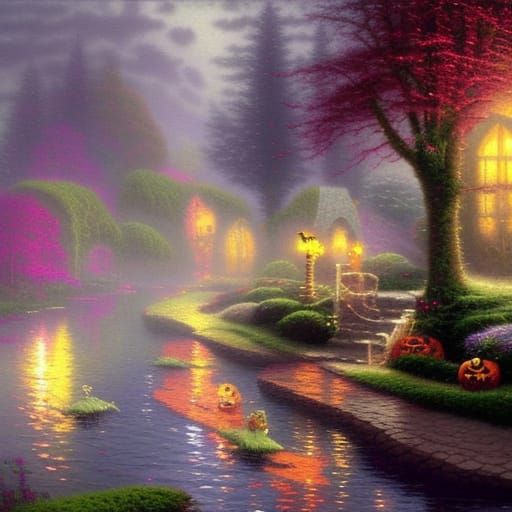 Ethereal Halloween Fantasy Scene in Kinkade Style