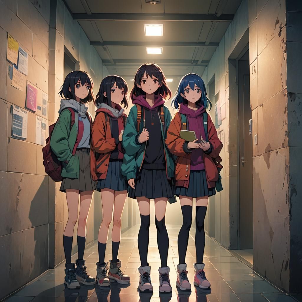 Vibrant Anime Illustration of Four Girls in Hallway