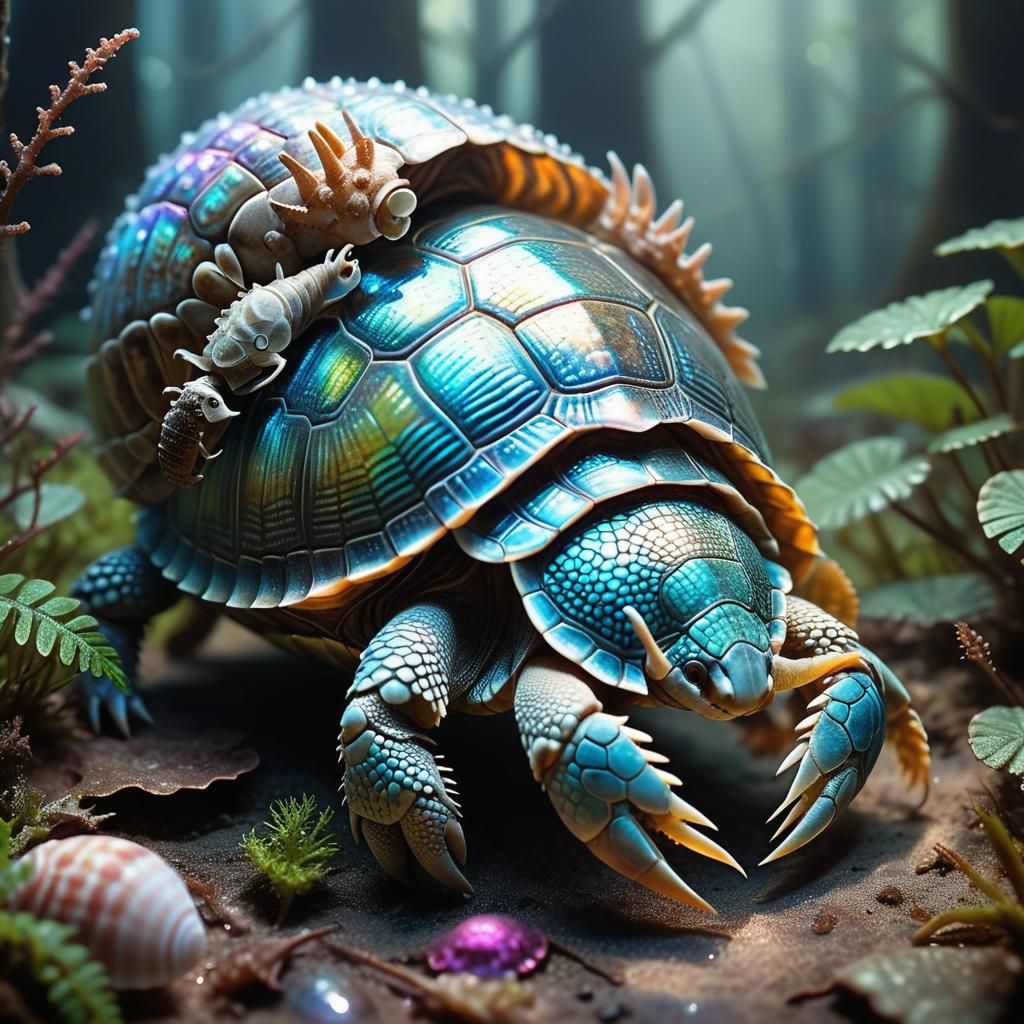 Alien Armadillo with Nautilus Shell in Ethereal Forest